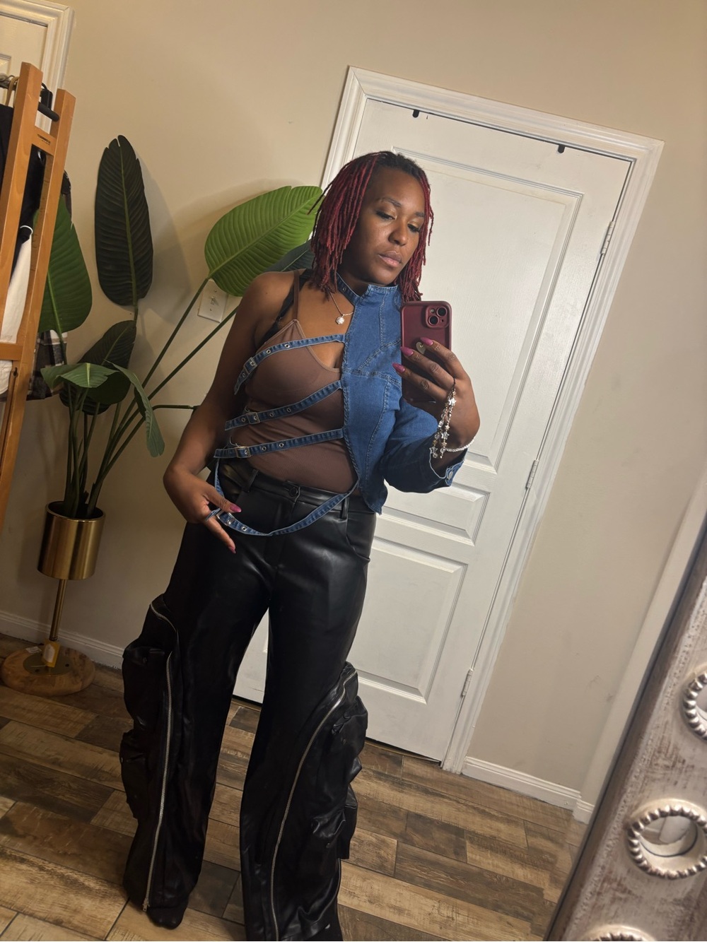 Denim Cutout Strap Top with Black Leather Cargo Pants
